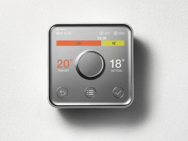 grey smart thermostat with display screen