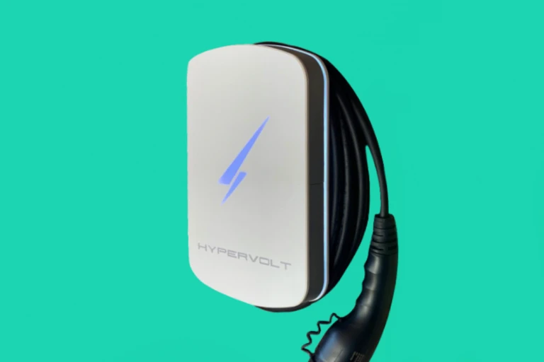 white Hypervolt EV charger on green background