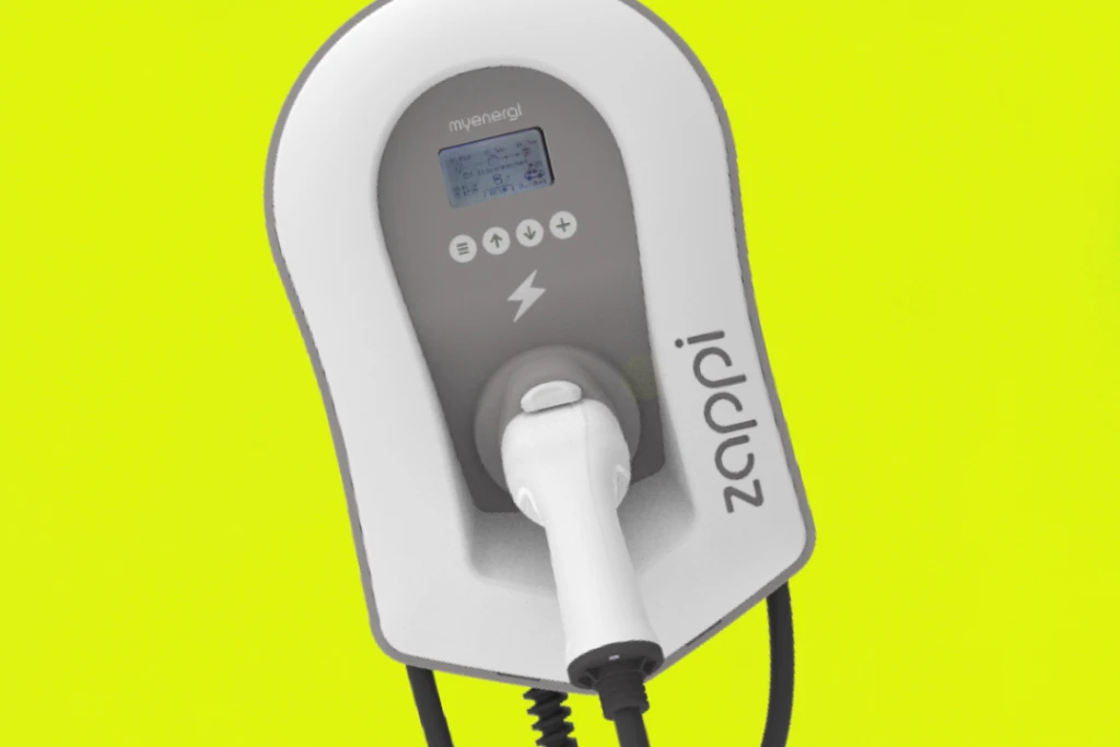 White Zappi EV charger on yellow background