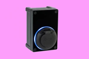 Black Sync EV charge point on pink background