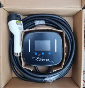 Ohme EV charge point with tethered lead in box