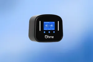 Ohme EV vharge point with LCD screen on blue background