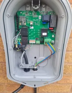 Zappi charge point with cover removed and cable inserted
