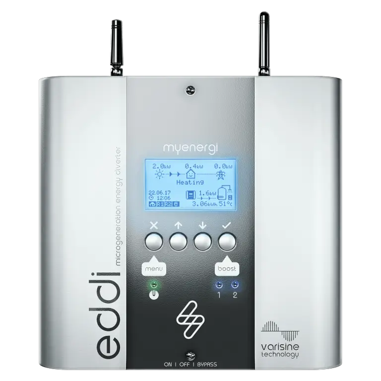 White and grey Myenergi Eddi solar diverter from a 3/4 view
