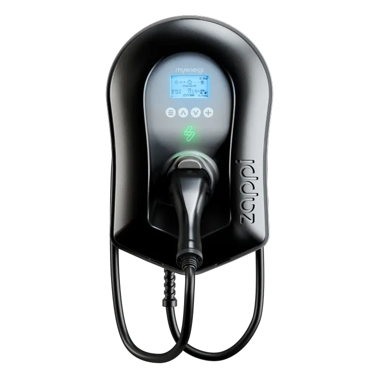 Black Myenergi Zappi with tethered lead from front with transparent background