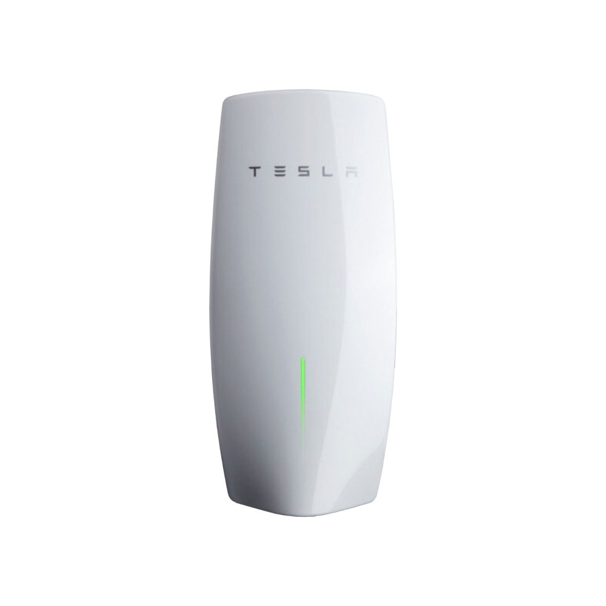 White Tesla wall connector gen 3 EV charger with green LED lights